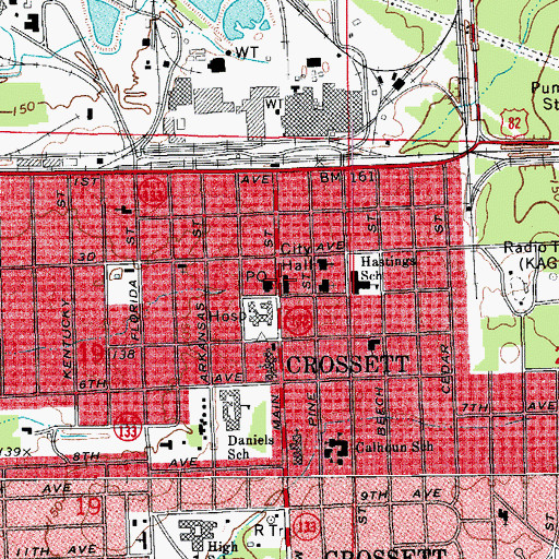 Topographic Map of Crossett City Hall, AR