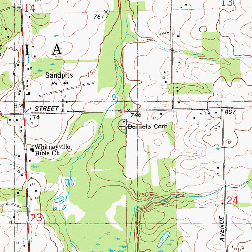 Topographic Map of Daniels Cemetery, MI