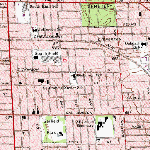 Topographic Map of Dickinson School, MI
