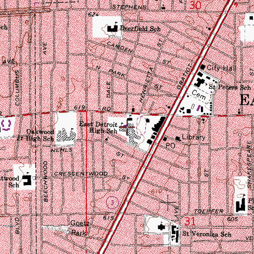 Topographic Map of East Detroit High School, MI