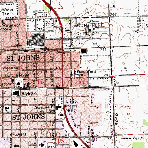 Topographic Map of East Ward School, MI