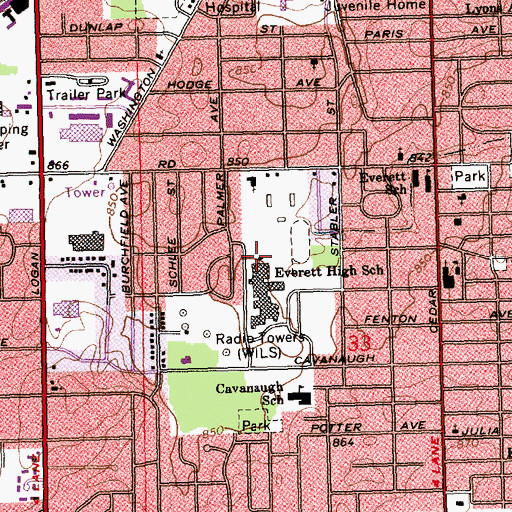 Topographic Map of Everett High School, MI