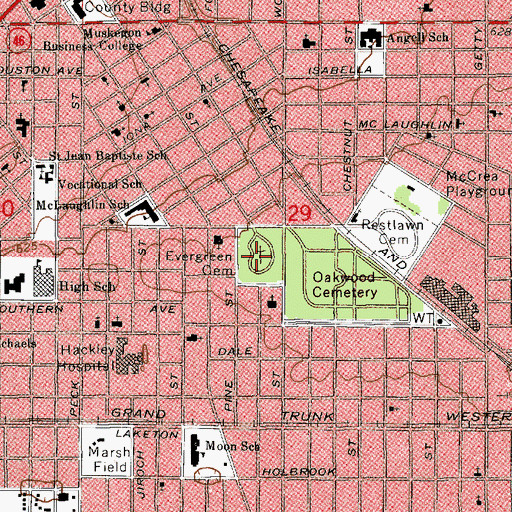 Topographic Map of Evergreen Cemetery, MI