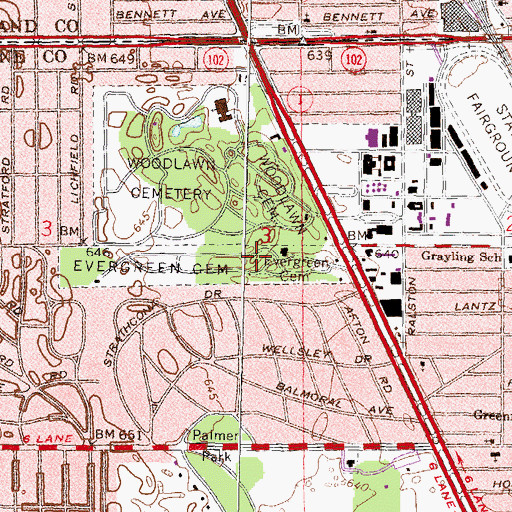 Topographic Map of Evergreen Cemetery, MI