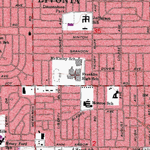 Topographic Map of Franklin High School, MI
