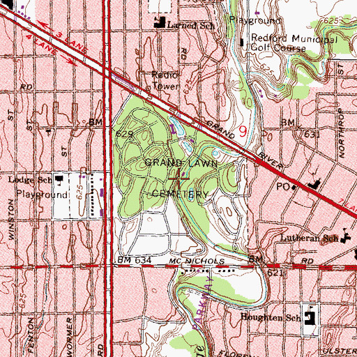 Topographic Map of Grand Lawn Cemetery, MI
