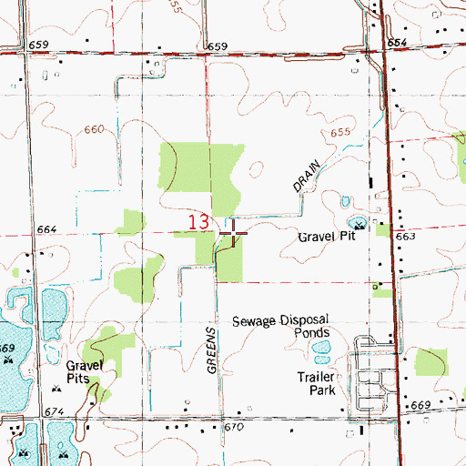 Topographic Map of Greens Drain, MI