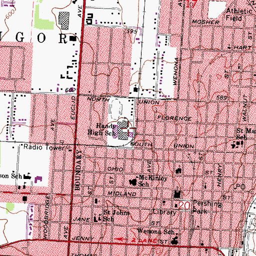 Topographic Map of Handy High School, MI