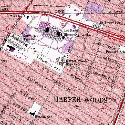 Topographic Map of Harper Woods High School, MI