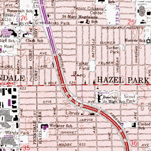 Topographic Map of Hazel Park, MI