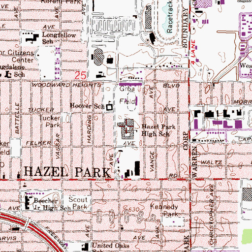Topographic Map of Hazel Park High School, MI