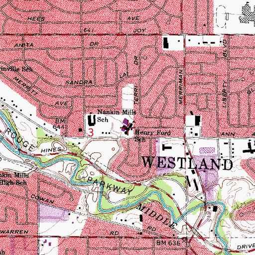 Topographic Map of Henry Ford School, MI