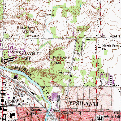Topographic Map of Highland Cemetery, MI