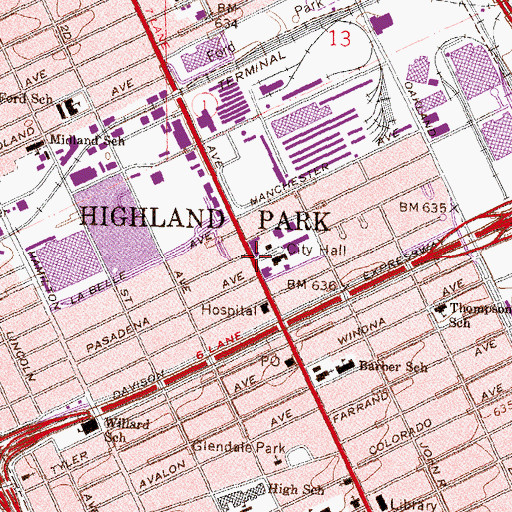 Topographic Map of Highland Park, MI
