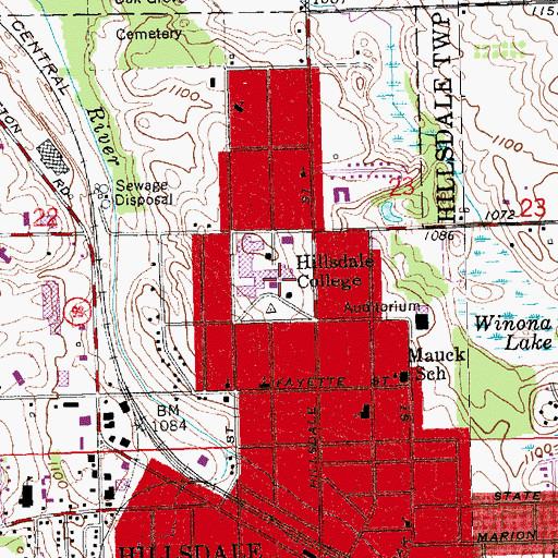 Topographic Map of Hillsdale College, MI