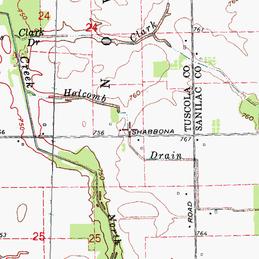 Topographic Map of Holcomb Drain, MI