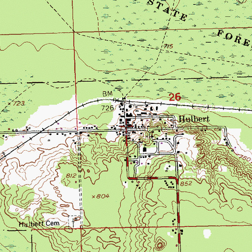 Topographic Map of Hulbert, MI