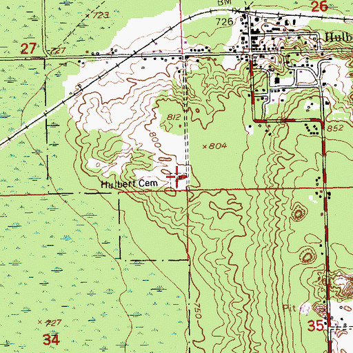 Topographic Map of Hulbert Cemetery, MI