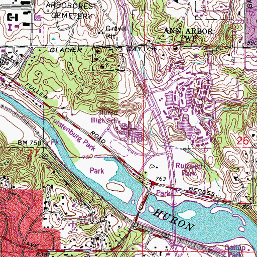 Topographic Map of Huron High School, MI