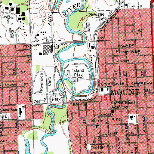 Topographic Map of Island Park, MI