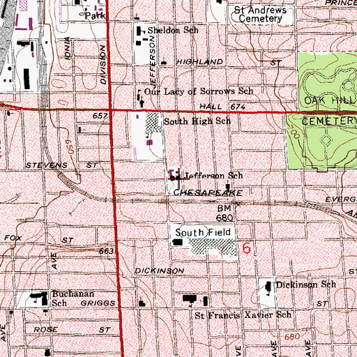 Topographic Map of Jefferson School, MI