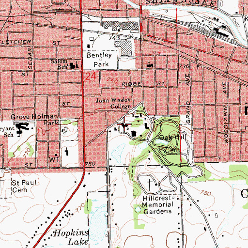 Topographic Map of Baker College of Owosso, MI