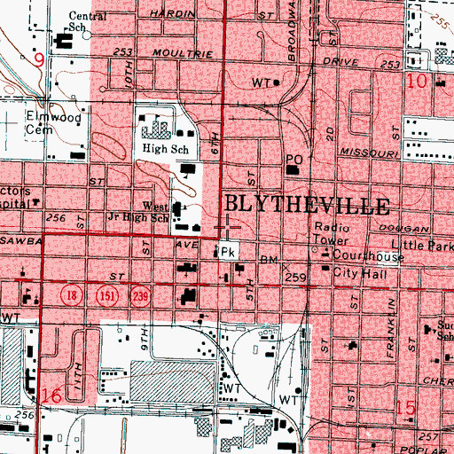 Topographic Map of Blytheville Plaza Shopping Center, AR