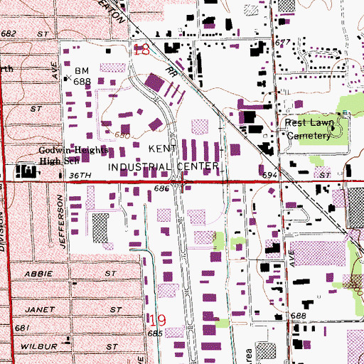 Topographic Map of Kent Industrial Center, MI