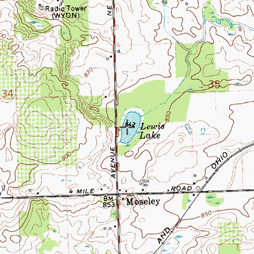 Topographic Map of Lewis Lake, MI