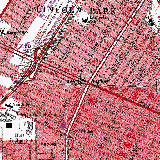 Topographic Map of Lincoln Park, MI