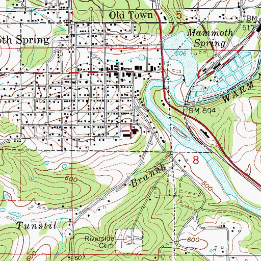 Topographic Map of Mammoth Spring High School, AR