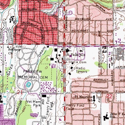 Topographic Map of Livonia Cemetery, MI