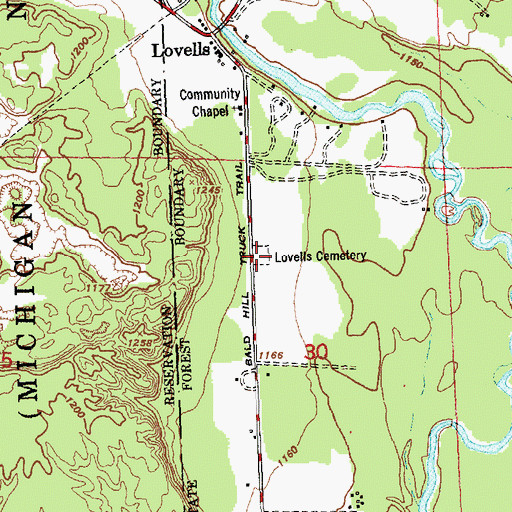 Topographic Map of Lovells Cemetery, MI