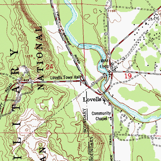 Topographic Map of Lovells Town Hall, MI