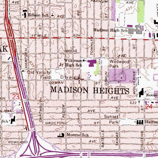 Topographic Map of Madison Heights, MI