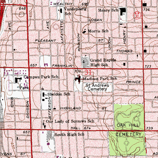Topographic Map of Madison Park School, MI