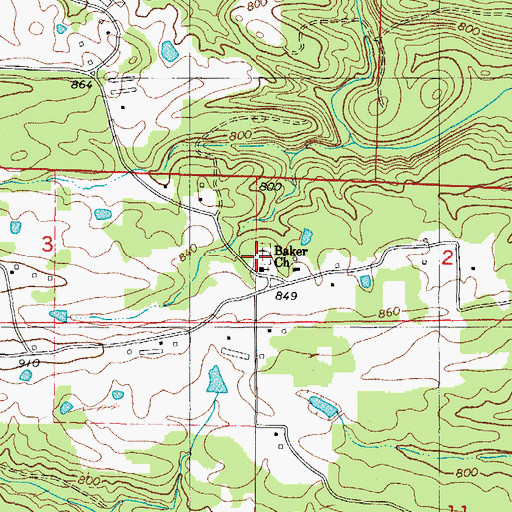 Topographic Map of Baker Cemetery, AR