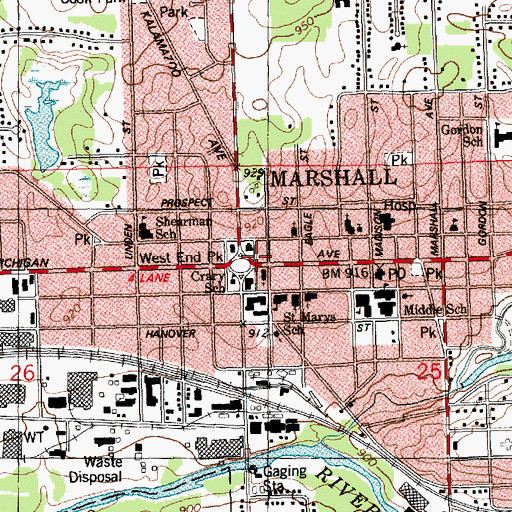 Topographic Map of Marshall, MI