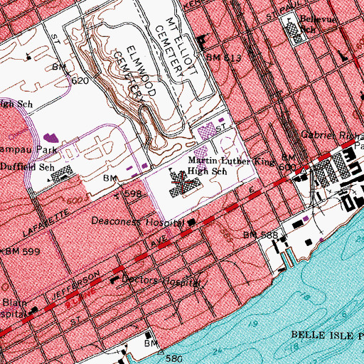Topographic Map of Martin Luther King High School, MI