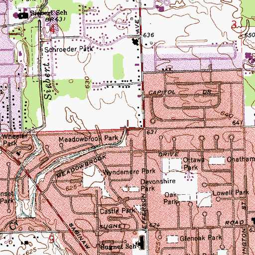 Topographic Map of Meadowbrook Park, MI