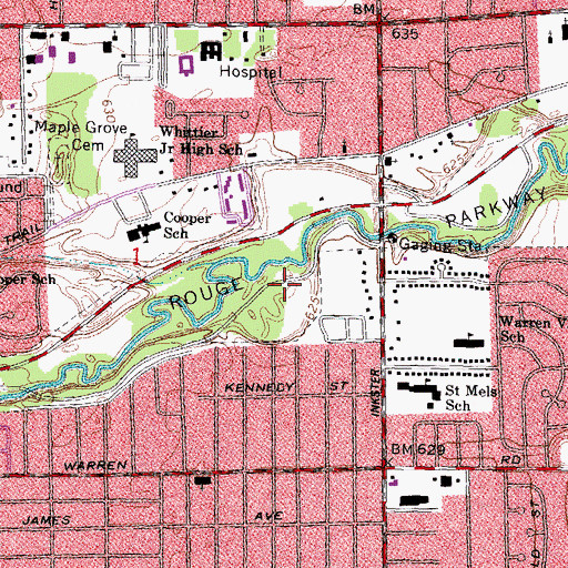 Topographic Map of Middle Rouge Parkway, MI
