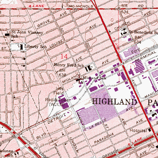 Topographic Map of Midland School, MI