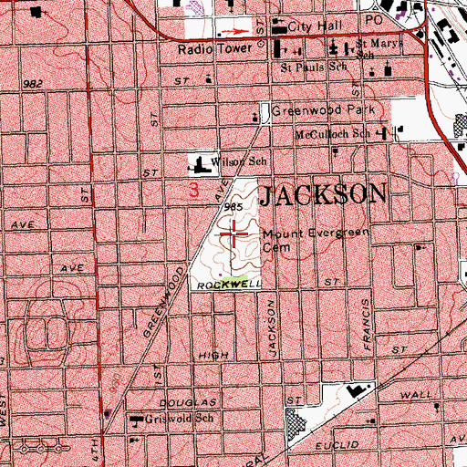 Topographic Map of Mount Evergreen Cemetery, MI
