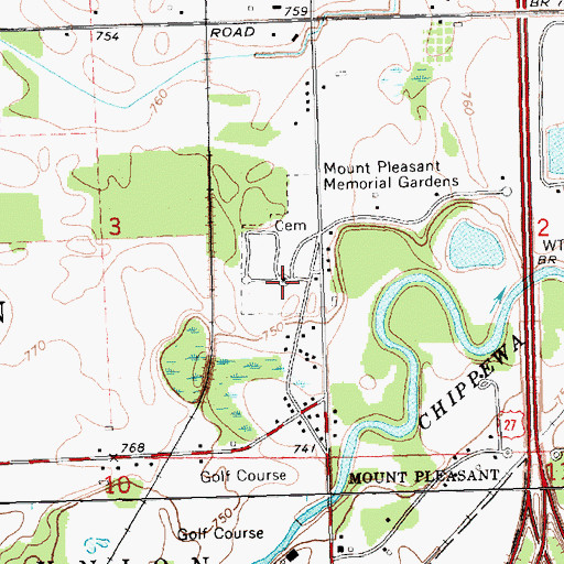 Topographic Map of Mount Pleasant Memorial Gardens, MI