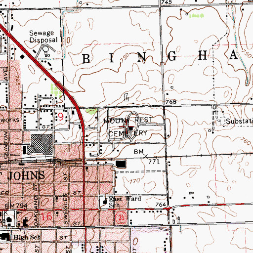 Topographic Map of Mount Rest Cemetery, MI