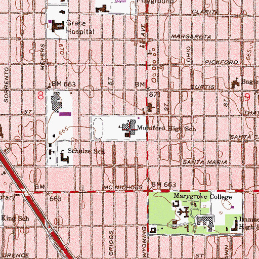 Topographic Map of Mumford High School, MI