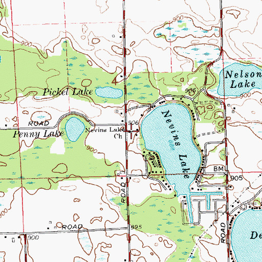 Topographic Map of Nevins Lake Church, MI