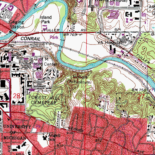 Topographic Map of Nichols Arboretum, MI