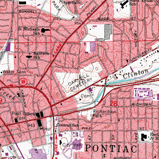 Topographic Map of Oak Hill Cemetery, MI