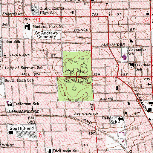 Topographic Map of Oak Hill Cemetery, MI